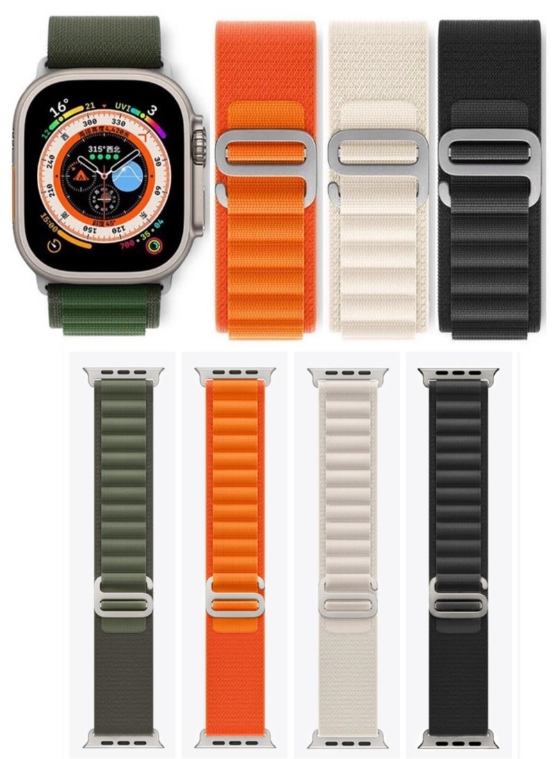 كيلا عبوة من 4 أحزمة Alpine Loop لساعة Apple Watch، مقاسات 49 مم/45 مم/44 مم، مصنوعة من النايلون المنسوج، مناسبة لساعات Apple Watch Series 8/Ultra/7/SE/6/5/4/3/2/8، متوفرة بألوان الأبيض/الأخضر/البرتقالي/الأسود. - Image 1