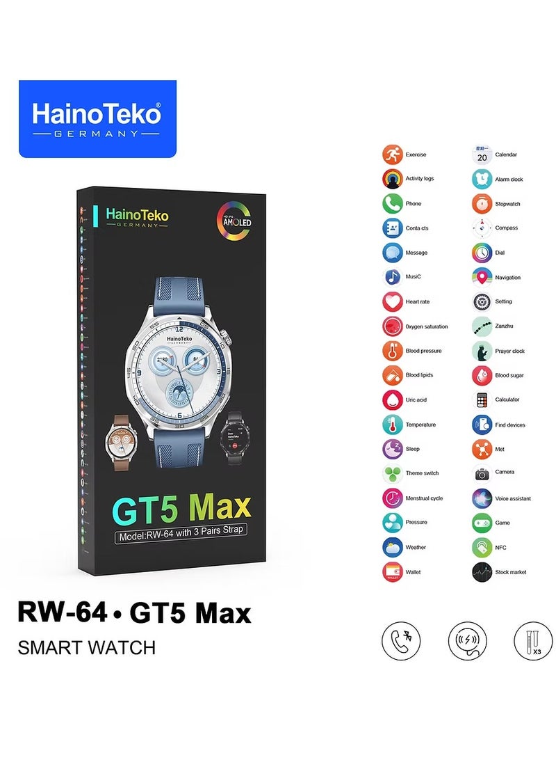 Haino Teko RW-64 GT5 Max Smartwatch with Large AMOLED Display, Voice Assistant, 3 Pair Straps for Men - Image 3