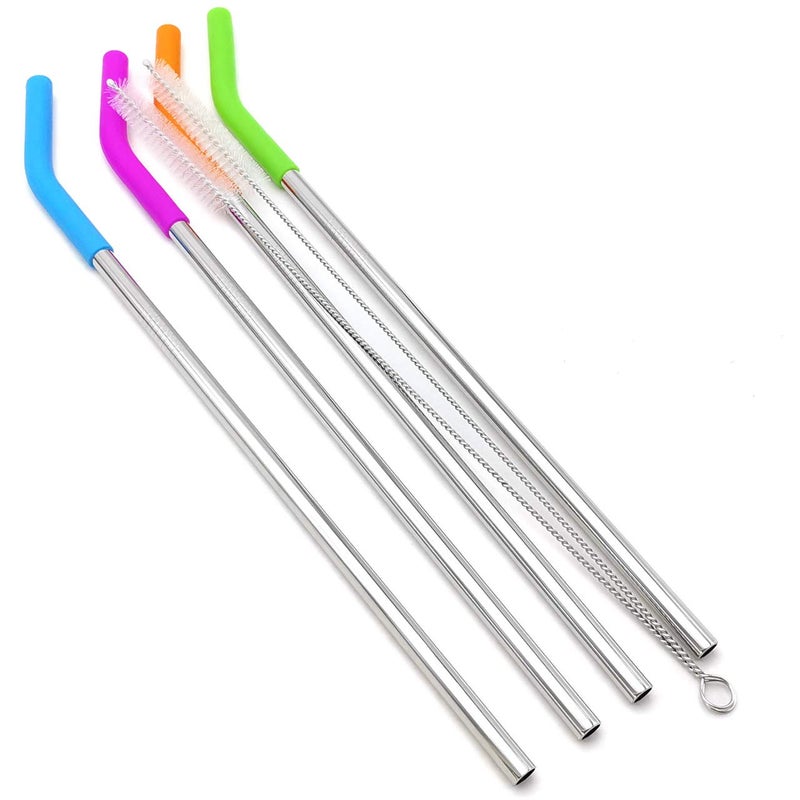 GFDesign Big Drinking Straws Reusable 12" Extra Long 8mm Extra Wide Food-Grade 18/8 Stainless Steel Silicone Elbows Tips for Smoothie Milkshake Cocktail Juice Hot Drinks - Set of 4 + 2 Cleaning Brushes - Image 1