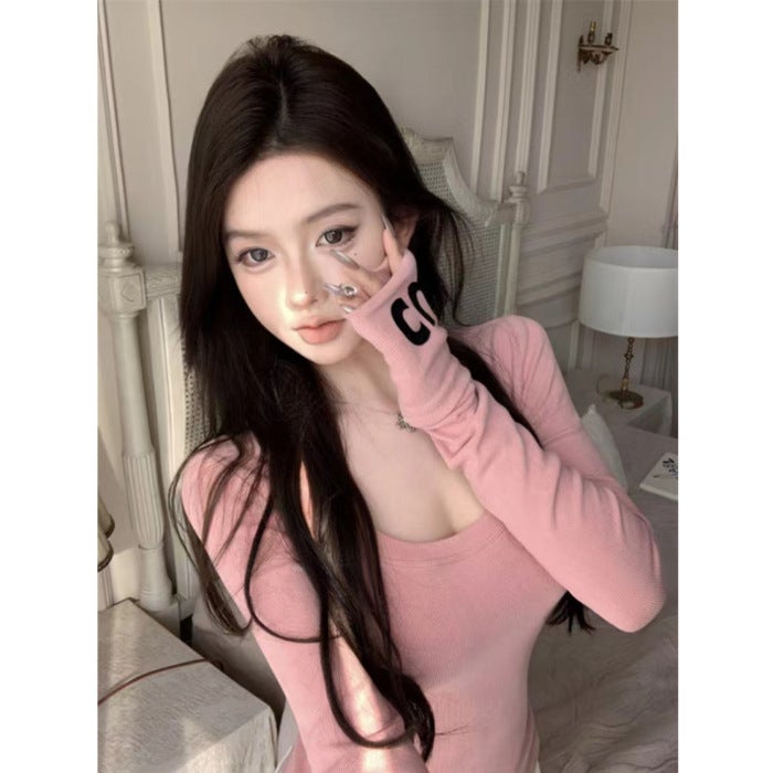 Threaded Velvet Shoulder Warm T-Shirt Women'S Sweet Spice Girl Chic Long-Sleeved Slim-Fit Base Shirt Inner Top Ins - Image 1
