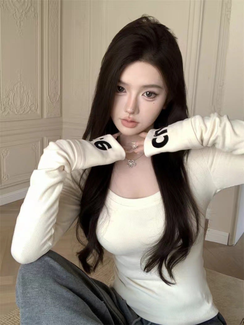 Threaded Velvet Shoulder Warm T-Shirt Women'S Sweet Spice Girl Chic Long-Sleeved Slim-Fit Base Shirt Inner Top Ins - Image 2