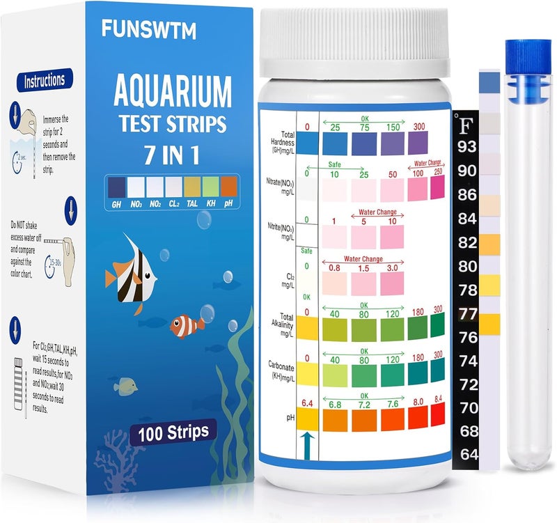 FUNSWTM شرائط اختبار حوض السمك للمياه العذبة: مجموعة اختبار مياه حوض السمك 7 في 1 لحوض السمك - اختبار دقيق للنيترات والنيتريت والصلابة والكلور الحر ودرجة الحموضة والكربونات والقلوية الكلية - 100 شريط - Image 1