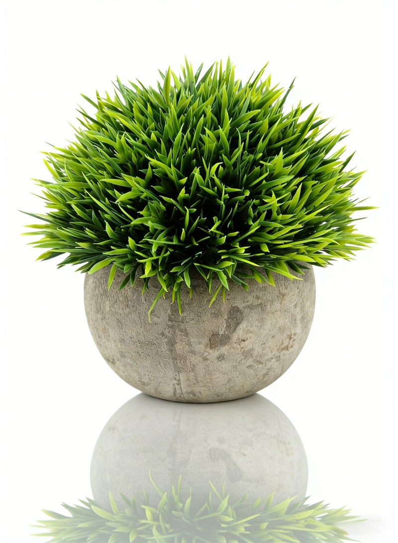 JoyousSto Charming Small Fake Plant with Pot, Mini Artificial Topiary Ball Greenery, No-Water Required Faux Grass Plant in Round Paper-Mache Pot for Shelf Windowsill Bathroom Kitchen Decor - Image 1