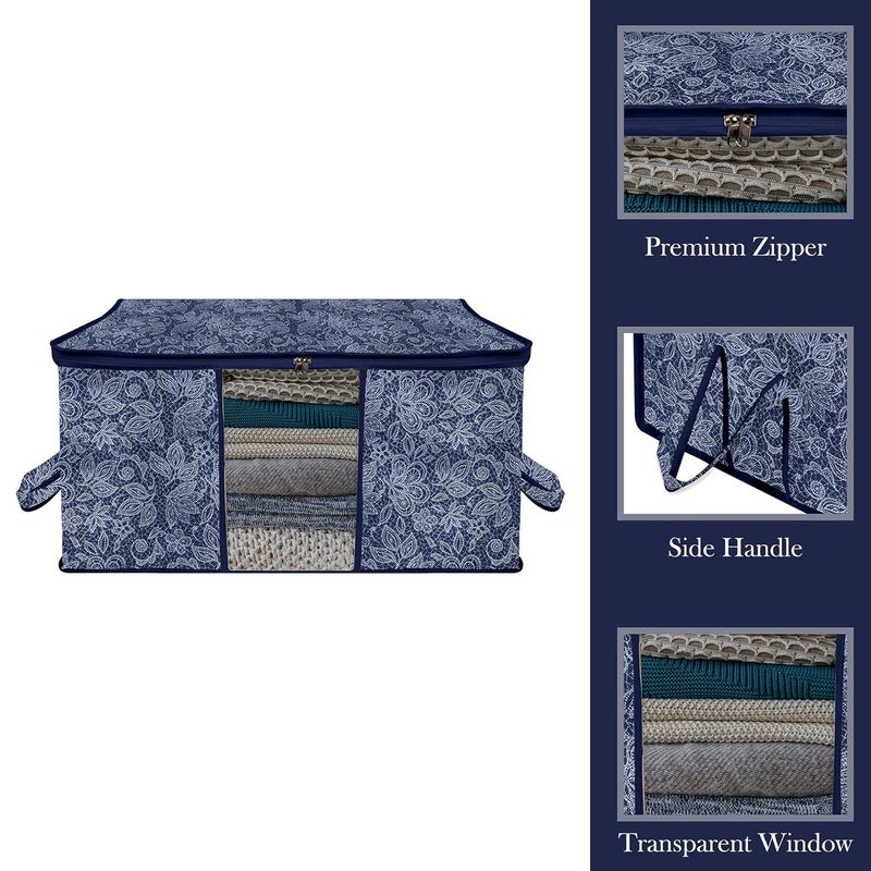 Kuber Industries Pack of 3 Non Woven Underbed Storage Organizer Storage Bags For Clothes Blanket Clothes Storage Bag For with Handle Visible Window Flower Printed Navy Blue - Image 5