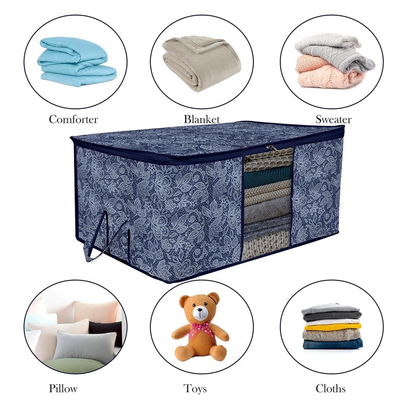 Kuber Industries Pack of 3 Non Woven Underbed Storage Organizer Storage Bags For Clothes Blanket Clothes Storage Bag For with Handle Visible Window Flower Printed Navy Blue - Image 4