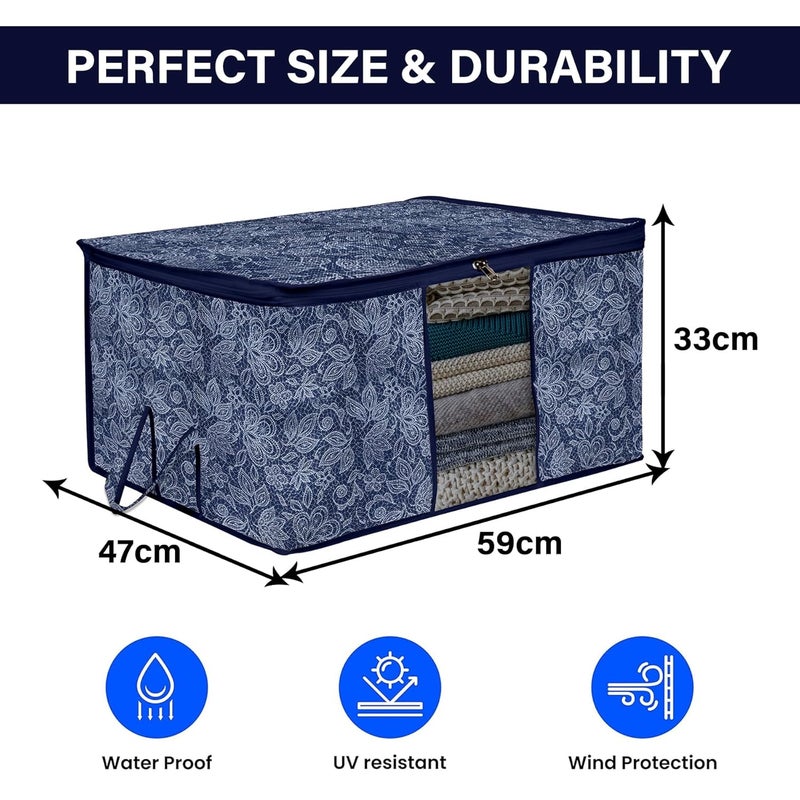 Kuber Industries Pack of 3 Non Woven Underbed Storage Organizer Storage Bags For Clothes Blanket Clothes Storage Bag For with Handle Visible Window Flower Printed Navy Blue - Image 3