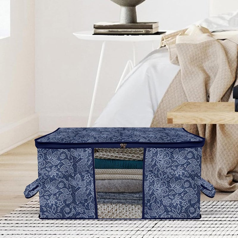 Kuber Industries Pack of 3 Non Woven Underbed Storage Organizer Storage Bags For Clothes Blanket Clothes Storage Bag For with Handle Visible Window Flower Printed Navy Blue - Image 2