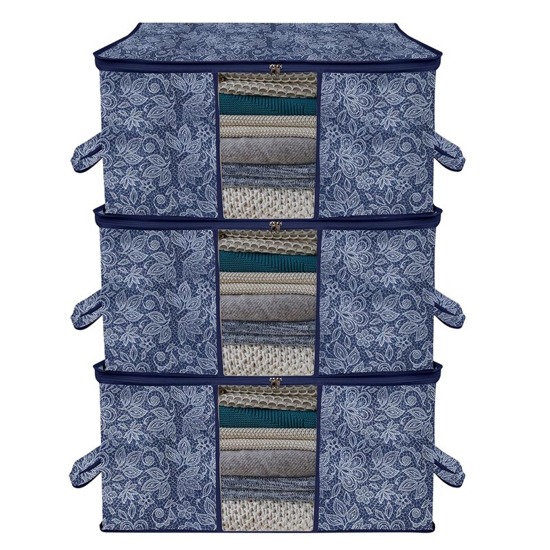 Kuber Industries Pack of 3 Non Woven Underbed Storage Organizer Storage Bags For Clothes Blanket Clothes Storage Bag For with Handle Visible Window Flower Printed Navy Blue - Image 1