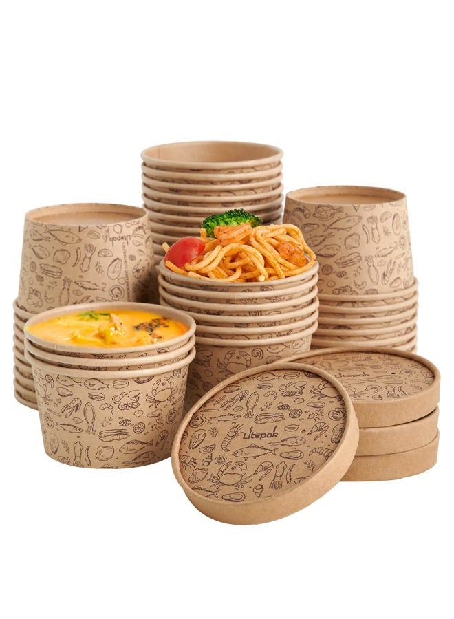 LITOPAK Paper Ice Cream Cups with Lids, 50 Pack 8 oz Soup Cups with Lids, Disposable Ice Cream Storage Container for Homemade Ice cream. White Disposable Soup Cups with Lids have Multipurpose. - Image 1
