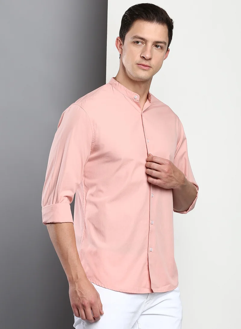 Dennis Lingo Slim Fit Pink Men's Solid Shirt, Spread Collar, Full Sleeves, 100% Cotton,