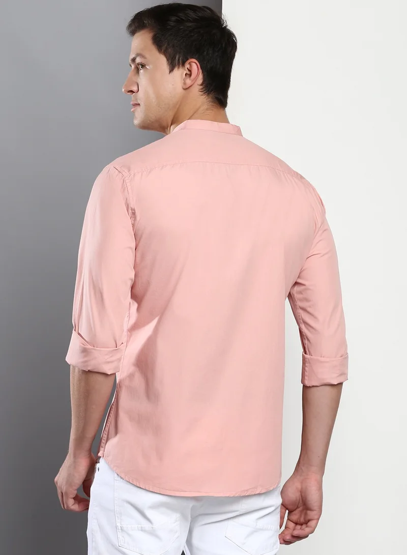 Dennis Lingo Slim Fit Pink Men's Solid Shirt, Spread Collar, Full Sleeves, 100% Cotton,