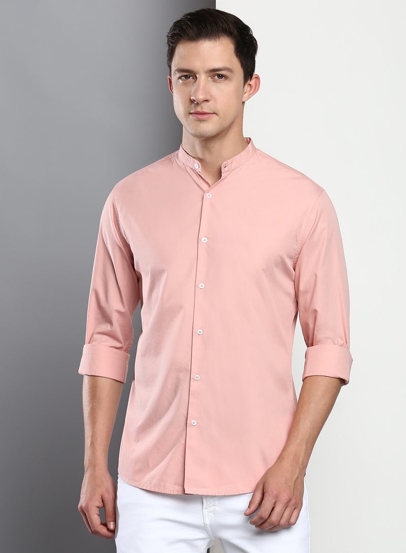 Dennis Lingo Slim Fit Pink Men's Solid Shirt, Spread Collar, Full Sleeves, 100% Cotton, - Image 1