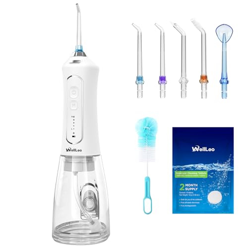 WellLeo Water Flosser for Teeth, 300ML Cordless Oral Irrigator Rechargeable Dental Flosser Picks with 5 Modes 5 Jet Tips,IPX7 Waterproof Teeth Cleaner for Braces Gum Care, Home Travel Use - Image 1