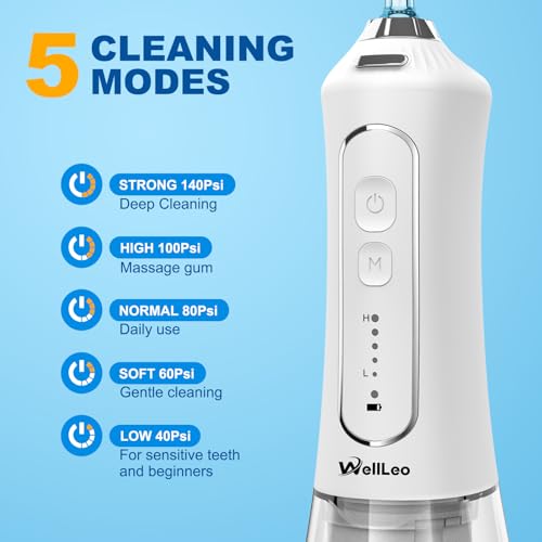 WellLeo Water Flosser for Teeth, 300ML Cordless Oral Irrigator Rechargeable Dental Flosser Picks with 5 Modes 5 Jet Tips,IPX7 Waterproof Teeth Cleaner for Braces Gum Care, Home Travel Use - Image 2