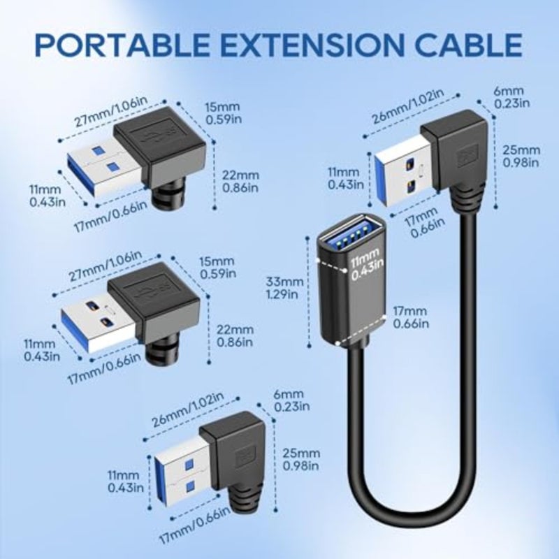 4 قطع كابل تمديد قصير USB 3.0 90 درجة، محول موسع USB زاوية ذكر إلى أنثى، تصميم مرفق عمودي وأفقي، متوافق مع الشاشة والطابعة وسلك الشحن - Image 2