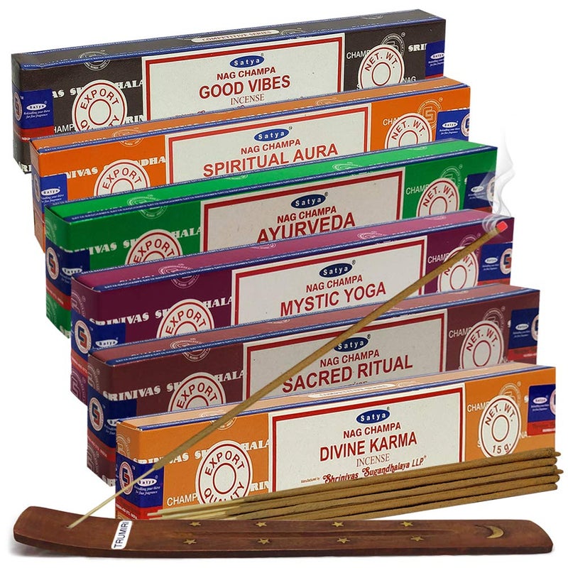 TRUMIRI Satya Incense Sticks Variety Pack 5 and Incense Stick Holder Bundle with 6 Yoga and Meditation Themed Fragrances