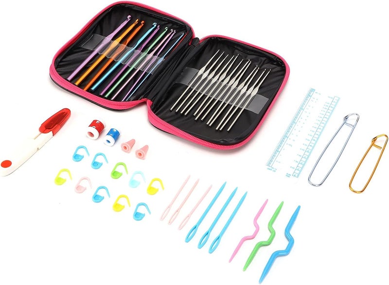22pcs Crochet Hooks Set, Ergonomic Colored Aluminum and Alumina Needles with Accessory Tools, Rose Red Faux Leather Case - Comfortable Grip, Durable Craftsmanship, Ideal for (Rose red Leather case - Image 2