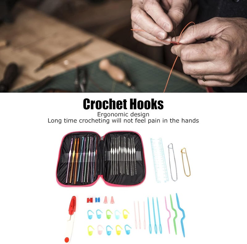22pcs Crochet Hooks Set, Ergonomic Colored Aluminum and Alumina Needles with Accessory Tools, Rose Red Faux Leather Case - Comfortable Grip, Durable Craftsmanship, Ideal for (Rose red Leather case - Image 5