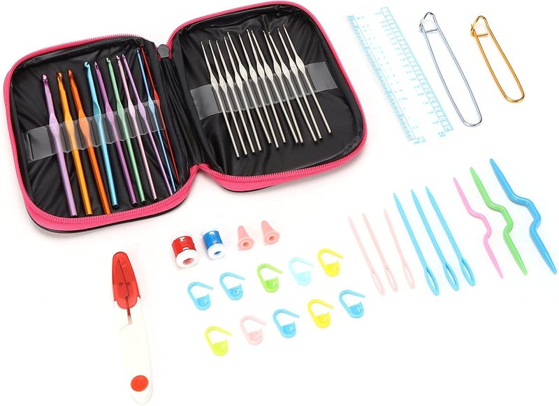 22pcs Crochet Hooks Set, Ergonomic Colored Aluminum and Alumina Needles with Accessory Tools, Rose Red Faux Leather Case - Comfortable Grip, Durable Craftsmanship, Ideal for (Rose red Leather case - Image 3