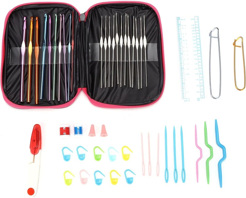 22pcs Crochet Hooks Set, Ergonomic Colored Aluminum and Alumina Needles with Accessory Tools, Rose Red Faux Leather Case - Comfortable Grip, Durable Craftsmanship, Ideal for (Rose red Leather case - Image 1