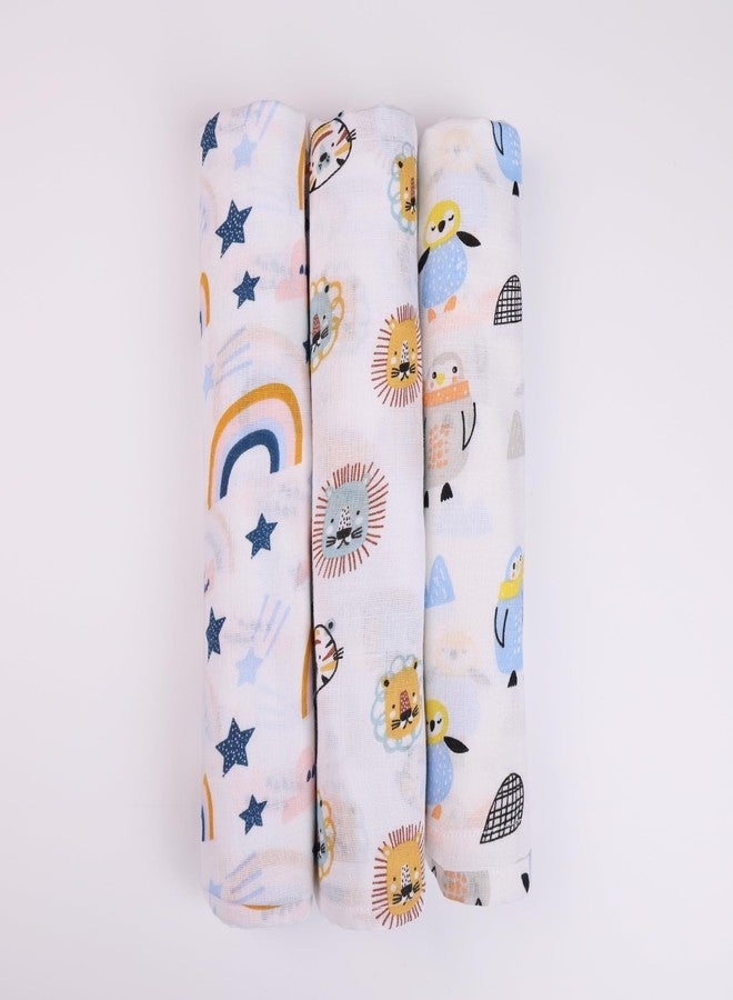 Just Bumm 100% Organic Cotton Muslin Swaddle for Newborn Babies - 98x98 cm, Soft, Breathable, Lightweight Swaddle Wraps for Babies Pack of 3 (Happy Habitats) - Image 1