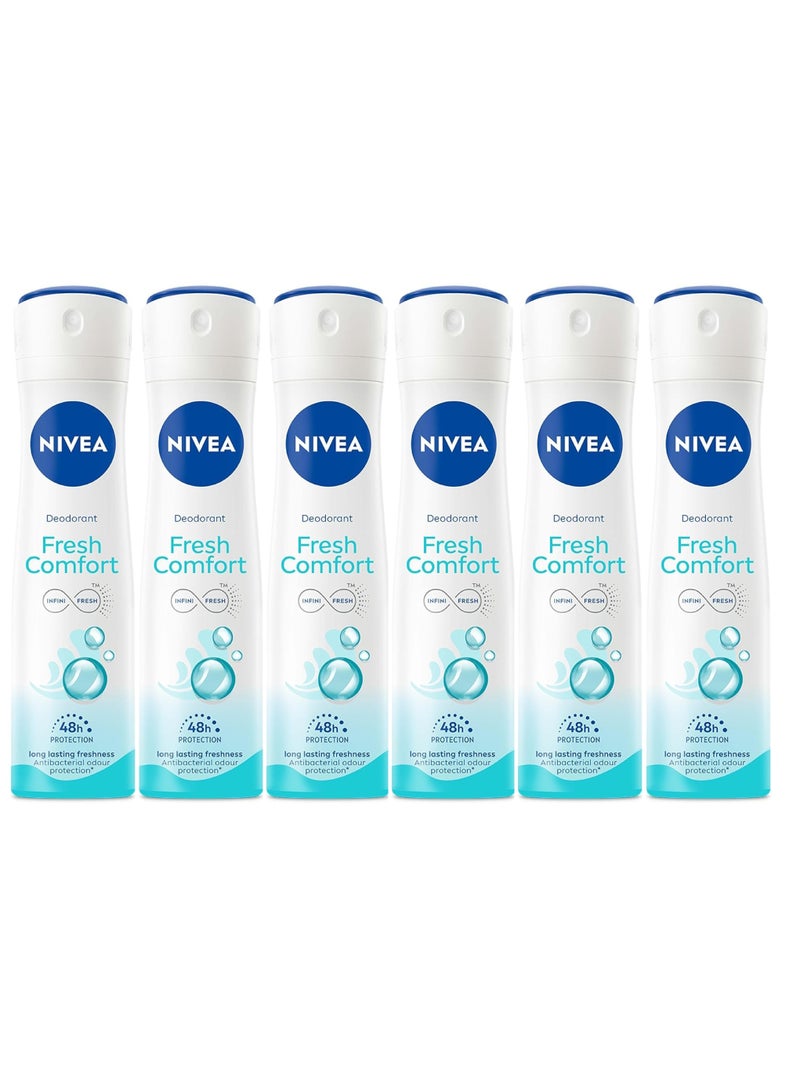 Nivea Fresh Comfort Deodorant Spray For Women 150ml (Pack of 6) - Image 1