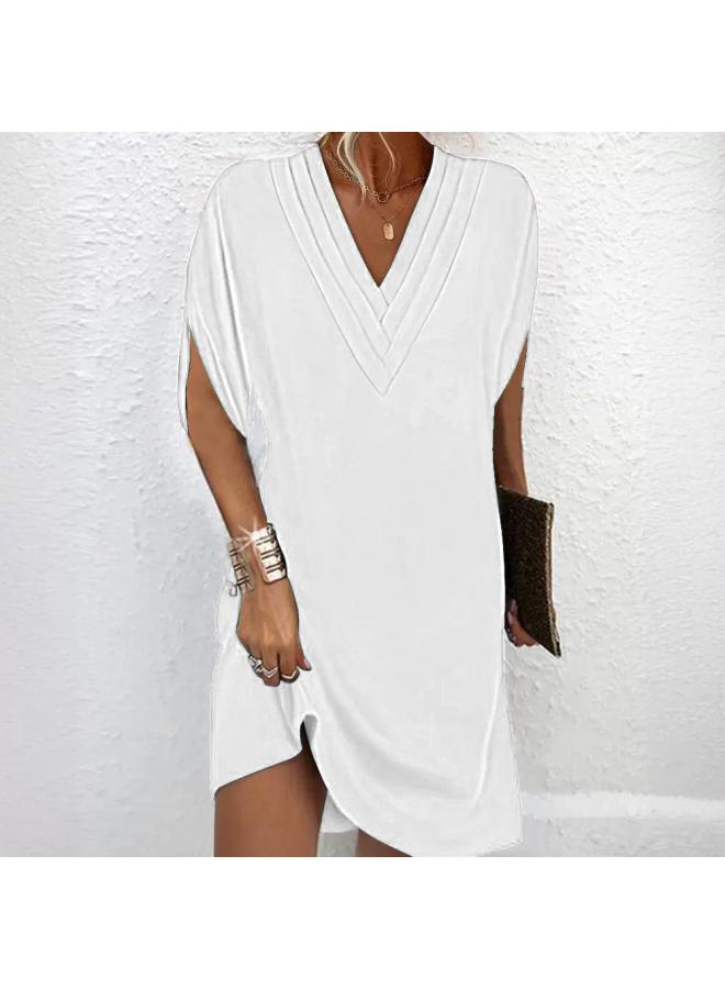 Spot Europe And The United States New Women's Spring And Summer V-neck Pleated Bat Sleeve Dress