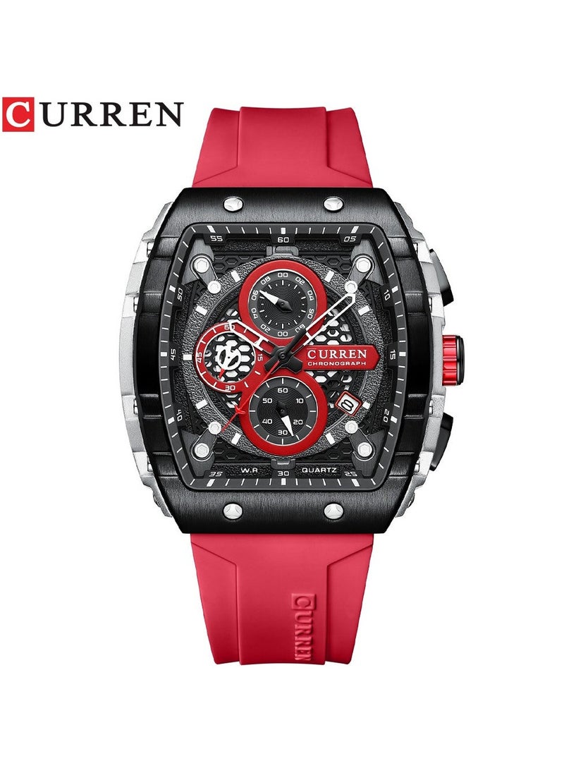 CURREN Men's Waterproof Quartz Watch, Luminous Markers, Silicone Strap, 8442 Red - Image 1