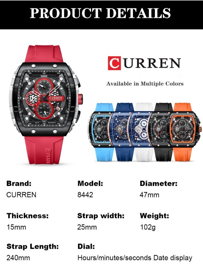 CURREN Men's Waterproof Quartz Watch, Luminous Markers, Silicone Strap, 8442 Red - Image 4