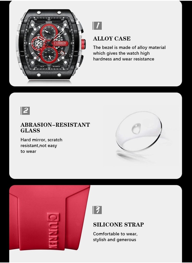 CURREN Men's Waterproof Quartz Watch, Luminous Markers, Silicone Strap, 8442 Red - Image 3