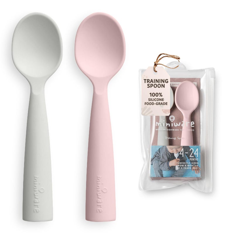 Miniware Silicone Baby Spoon for Training BPA Free Baby Utensils Baby Spoons Self Feeding 6 Months 100 Food Grade Silicone Modern Dishwasher Safe Toddler Spoons Grey and Cotton Candy