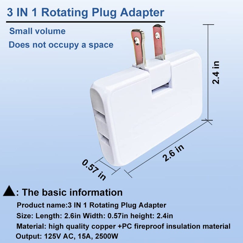 PaeorRorL 3 Way Flat Wall Outlet Extender,2 Prong180 Degree Portable Swivel Flat Wall Plug Adapter,Ultra Thin Folding Electrical Outlet Splitter,Easy to Carry,Type A,White,Pack of 2 - Image 3