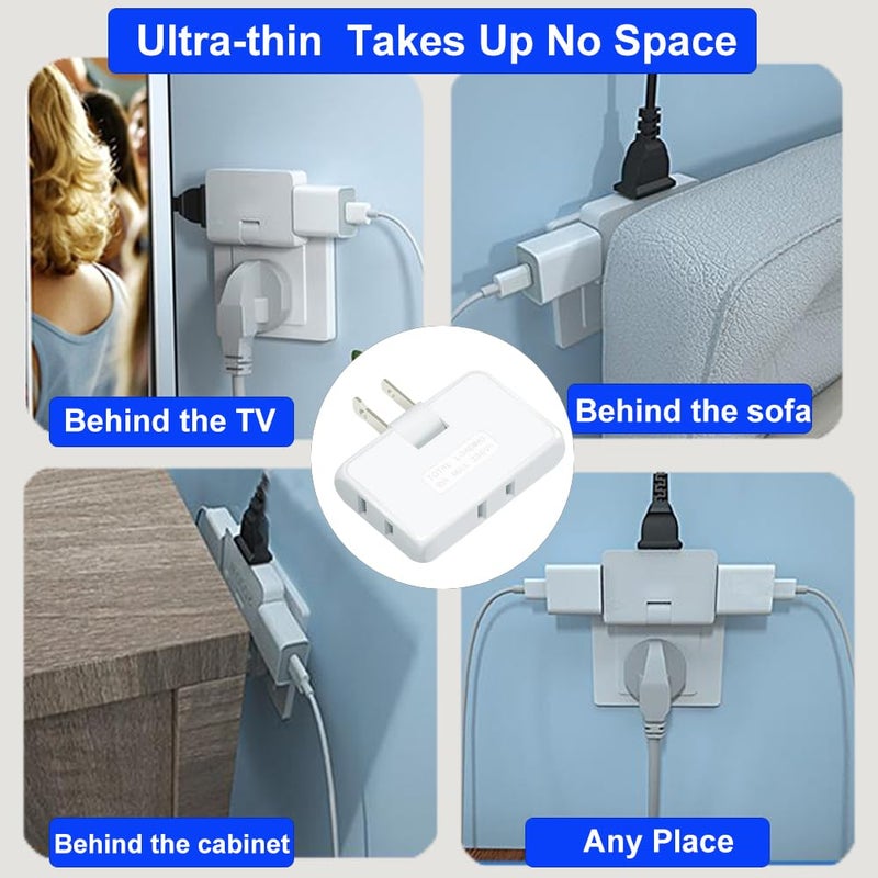 PaeorRorL 3 Way Flat Wall Outlet Extender,2 Prong180 Degree Portable Swivel Flat Wall Plug Adapter,Ultra Thin Folding Electrical Outlet Splitter,Easy to Carry,Type A,White,Pack of 2 - Image 2