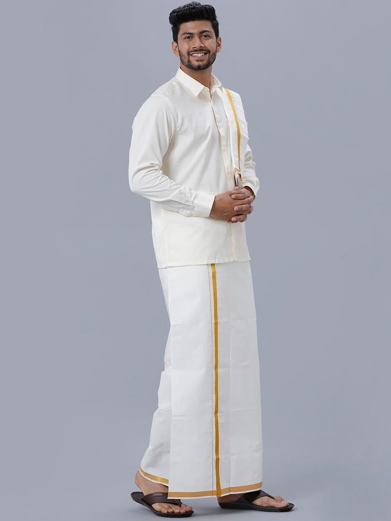 RAMRAJ COTTON قميص رامراج قطن للرجال مع الدهتي والمنديل (كريم_1;40) - Image 3