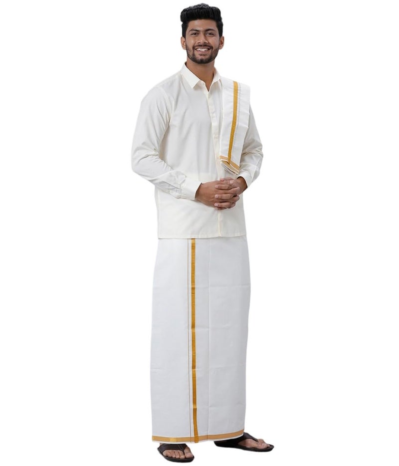 RAMRAJ COTTON قميص رامراج قطن للرجال مع الدهتي والمنديل (كريم_1;40) - Image 1
