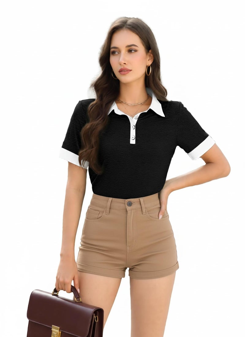 Disamer Womens Summer Tops Spring Fashion 2026 Short Sleeve Shirts Patchwork Button V Neck Tunic Tops Casual Work Blouses,Pure Black,Large - Image 5