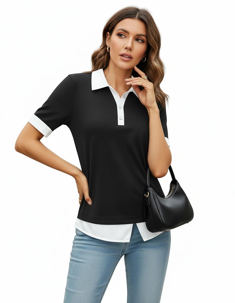 Disamer Womens Summer Tops Spring Fashion 2026 Short Sleeve Shirts Patchwork Button V Neck Tunic Tops Casual Work Blouses,Pure Black,Large - Image 4