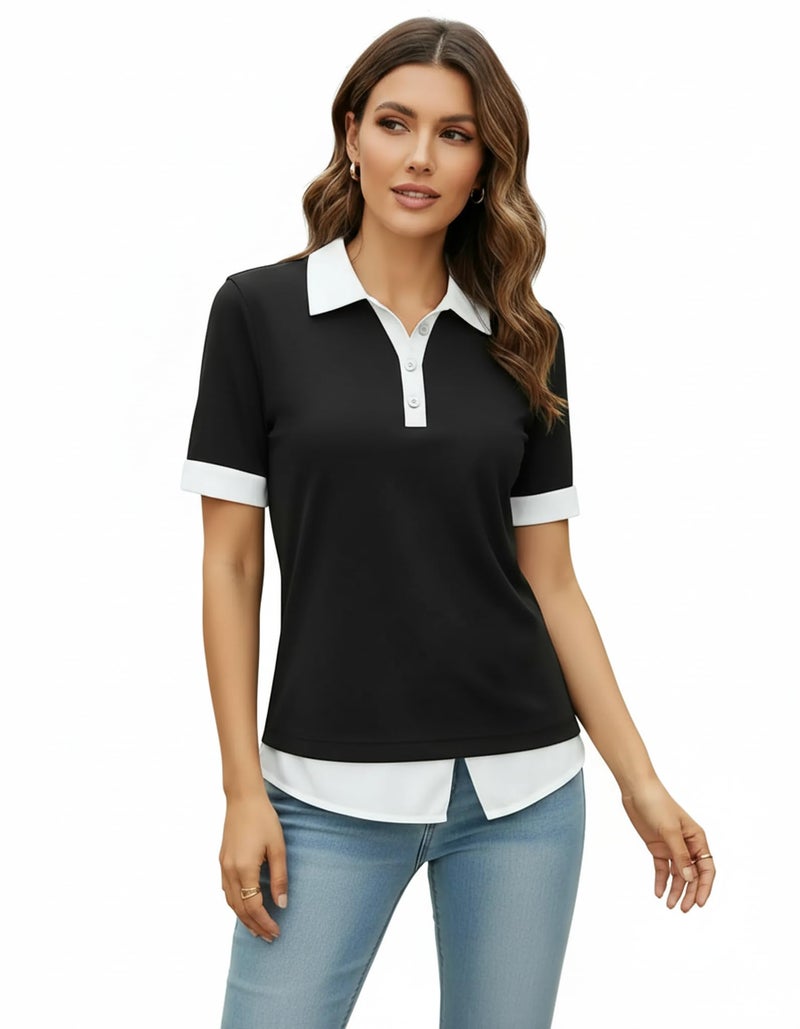 Disamer Womens Summer Tops Spring Fashion 2026 Short Sleeve Shirts Patchwork Button V Neck Tunic Tops Casual Work Blouses,Pure Black,Large - Image 2