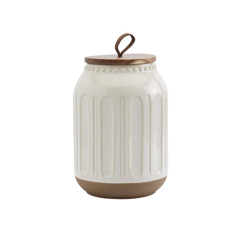 TTU Tabletops Gallery Ceramic Canister Collection- Stoneware Designed Kitchen Storage Embossed Acacia Wood White Set, 3 Piece Embossed Ziggy White Canister Set - Image 4