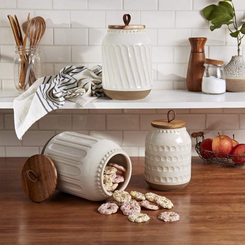 TTU Tabletops Gallery Ceramic Canister Collection- Stoneware Designed Kitchen Storage Embossed Acacia Wood White Set, 3 Piece Embossed Ziggy White Canister Set - Image 3