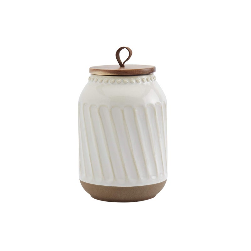 TTU Tabletops Gallery Ceramic Canister Collection- Stoneware Designed Kitchen Storage Embossed Acacia Wood White Set, 3 Piece Embossed Ziggy White Canister Set - Image 5