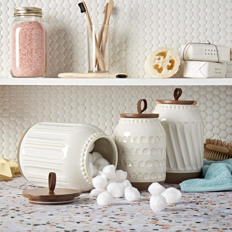 TTU Tabletops Gallery Ceramic Canister Collection- Stoneware Designed Kitchen Storage Embossed Acacia Wood White Set, 3 Piece Embossed Ziggy White Canister Set - Image 2