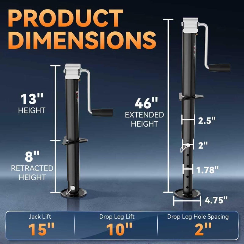 TOWKING 5000 lbs 15" Lift Side Wind A Frame Trailer Jack with Adjustable Drop Leg - Image 2