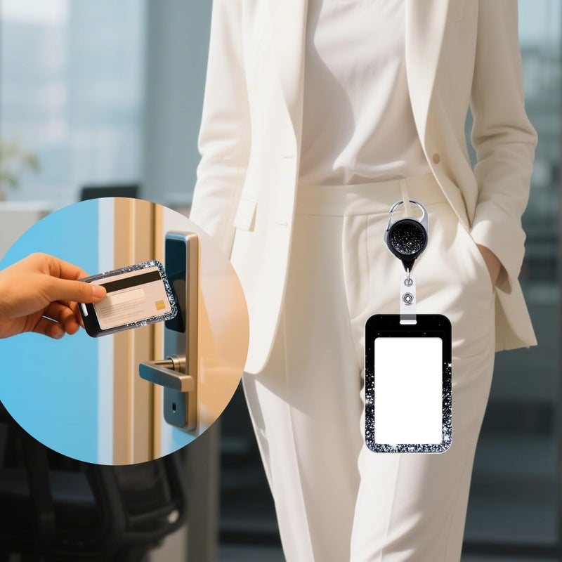 DMLSKY Glitter Silver ID Badge Holder with Retractable Reel Clip, Cool Galaxy Badge Card Keycard Protector Hard Vertical, Heavy Duty Keychain for Name Badge Clip Office Work Nurse Student Teacher Women Men - Image 2
