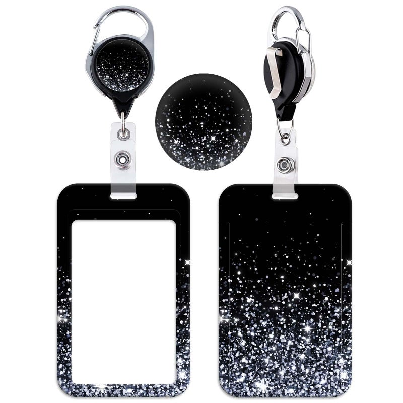 DMLSKY Glitter Silver ID Badge Holder with Retractable Reel Clip, Cool Galaxy Badge Card Keycard Protector Hard Vertical, Heavy Duty Keychain for Name Badge Clip Office Work Nurse Student Teacher Women Men - Image 1