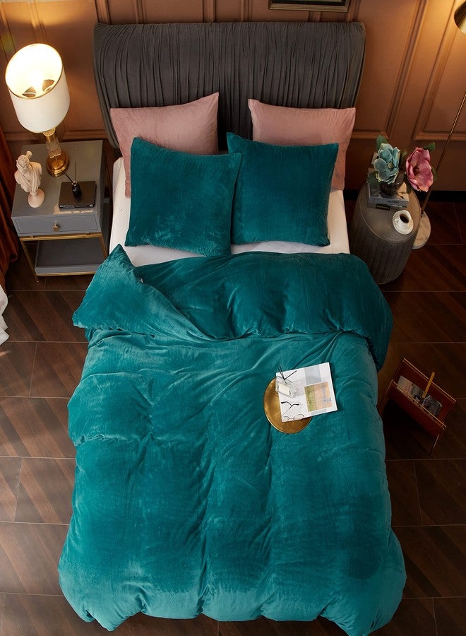 Ivellow Velvet Flannel Duvet Cover King Size Peacock Blue Duvet Cover King Velvet Comforter Cover Set Ultra Soft Breathable Cozy Velour Duvet Cover Solid Luxury Bedding Set Zipper Closure Corner Ties - Image 2