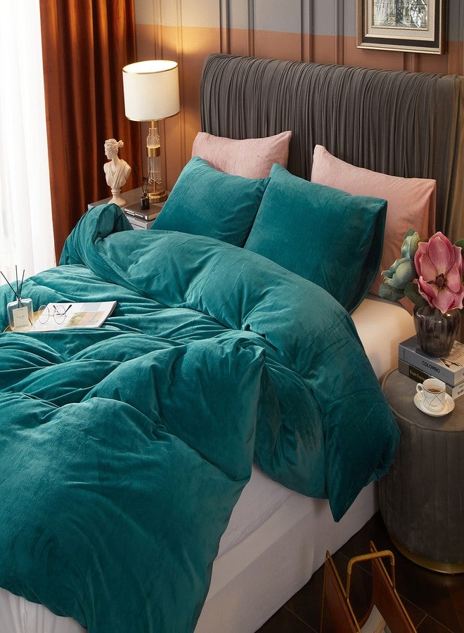 Ivellow Velvet Flannel Duvet Cover King Size Peacock Blue Duvet Cover King Velvet Comforter Cover Set Ultra Soft Breathable Cozy Velour Duvet Cover Solid Luxury Bedding Set Zipper Closure Corner Ties - Image 3