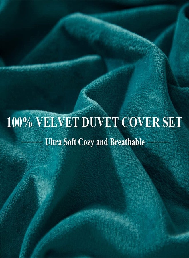 Ivellow Velvet Flannel Duvet Cover King Size Peacock Blue Duvet Cover King Velvet Comforter Cover Set Ultra Soft Breathable Cozy Velour Duvet Cover Solid Luxury Bedding Set Zipper Closure Corner Ties - Image 4