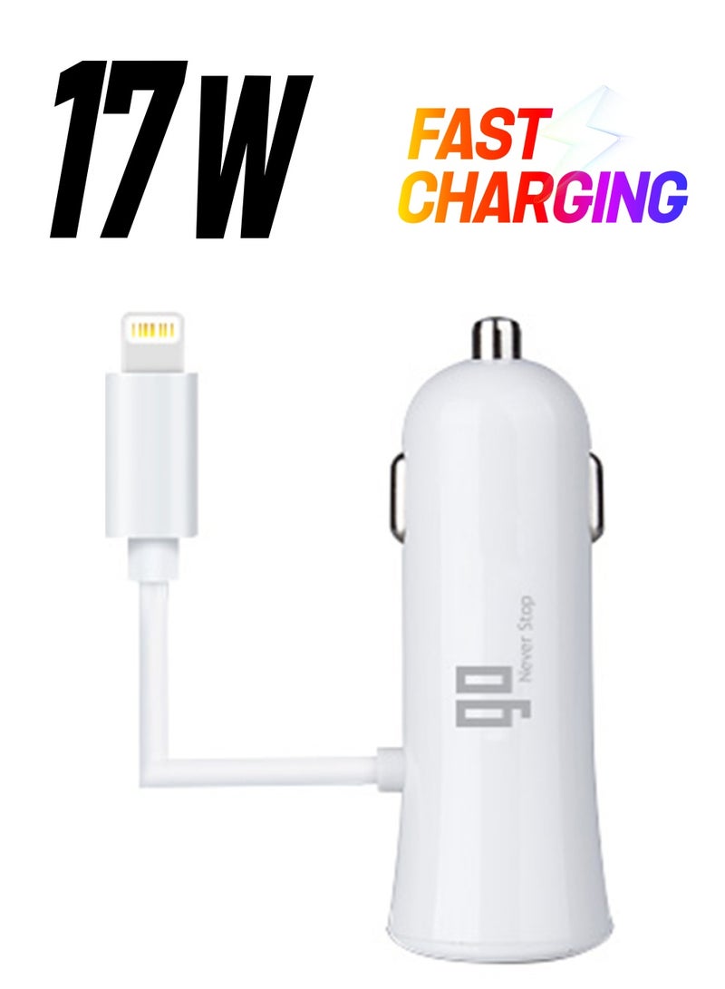 Lightning Car Charger 3.4 Ampere With Extra USB White