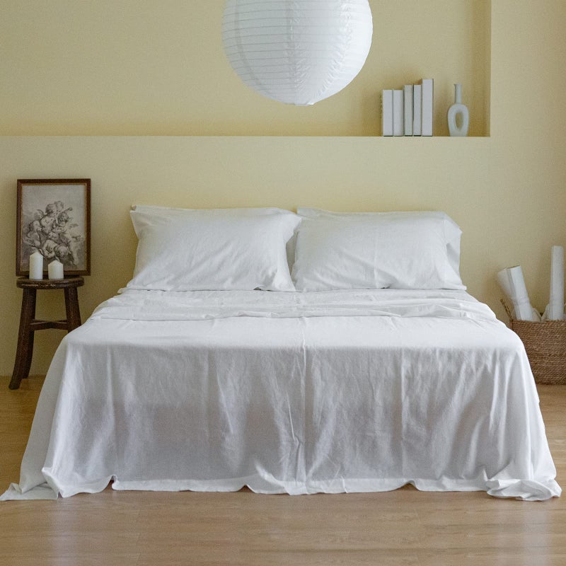 SimpleOpulence Belgian Linen Sheet Set Solid Color  6 Pieces 1 Flat Sheet  1 Fitted Sheet  4 Pillowcases 16 Deep Pocket Natural Flax Cotton Blended Soft Bedding  White Queen Size